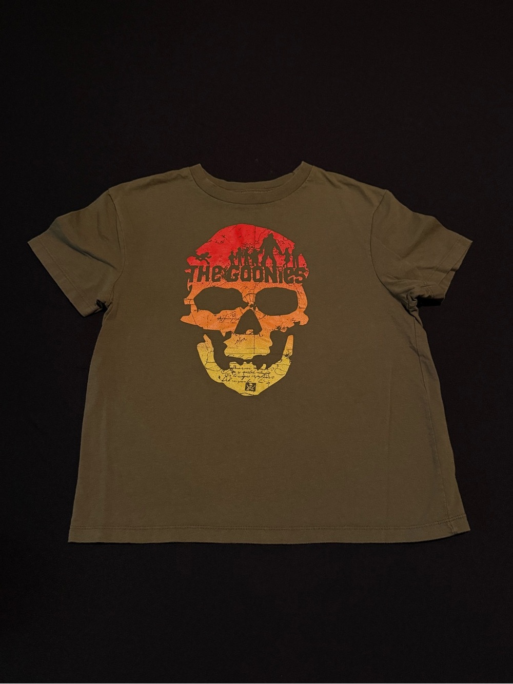 The Goonies Skull Graphic Tee in Olive‎ with Red-Orange-Yellow Print Small